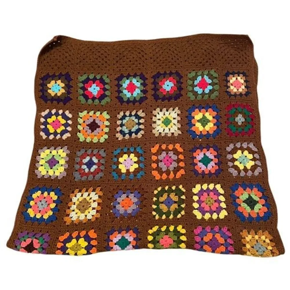 Handknit Granny Square Lap Blanket 60”x31” Brown Multicolor Cottagecore